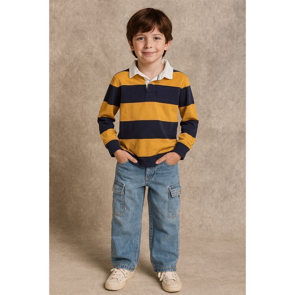 Hanna Andersson yellow & navy striped long sleeve polo size 8 boys #758